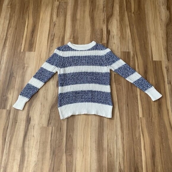 L L Bean Signature Sweater Womens Large Blue White Stripe Open Knit Wool Cotton - Picture 1 of 9